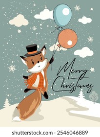 Cute Christmas vector illustration card with pretty fox and balloons