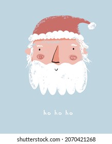 Cute Christmas Vector Illustration. Infantile Style Winter Holidays Grunge Print with Funny Smiling Santa Claus on a Pastel Blue Background Ideal for Card, Wall Art, Christmas Decoration.