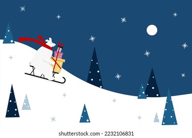 Cute Christmas vector illustration of a polar bear on the sleigh with red scarf is holding stack of presents, carrying to home against dark sky, snow and moon. Christmas preparations.