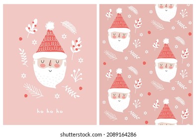 Ilustración vectorial de Navidad y patrón sin inconvenientes. El gracioso Santa Claus sonriente se aisló en un fondo rosado. Vacaciones de invierno de estilo infantil Imprimir Ideal para tarjetas, paredes de arte, decoración navideña.