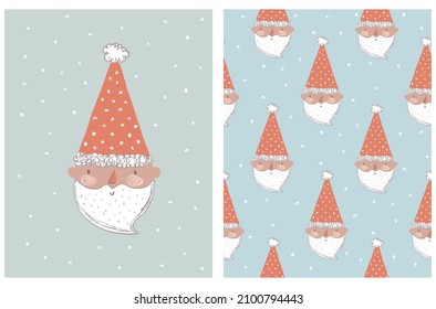 Cute Christmas Vector Illustration and Seamless Pattern. Funny Smiling Santa Claus Isolated on a Pastel Blue Background. Infantile Style Winter Holidays Print Ideal for Card, Wall Art, Wrapping Paper.