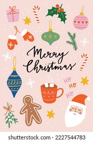 Cute Christmas Vector Illustration. Set Of Isolated Elements And "Merry Christmas” Lettering. Perfect For Holiday Greeting Cards.