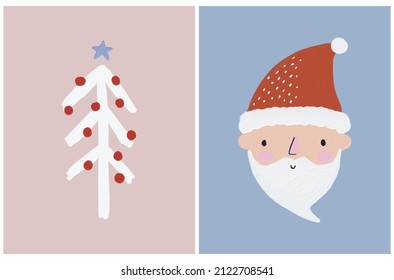 Cute Christmas Vector Illustrations 
 with Funny Smiling Santa Claus and Christmas Tree Isolated on a Light Blue and Dusty Pink Background.Infantile Style Winter Holidays Print Ideal for Card,Wall Art