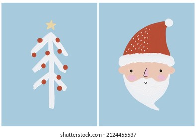 Cute Christmas Vector Illustrations 
 with Funny Smiling Santa Claus and Christmas Tree Isolated on a Light Blue Background. Infantile Style Winter Holidays Print Ideal for Card, Wall Art.