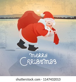 Cute Christmas vector illustration.Santa Claus with Christmas bag full of presents.