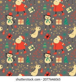 Cute Christmas vector pattern. Santa Claus, snowman, deer, gifts