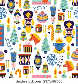 Cute vectores navideños sin fisuras, patrón Nutcracker. Se puede usar para papel tapiz, rellenos de patrones, fondo de página web, texturas superficiales.