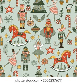 Cute Christmas vector seamless Nutcracker pattern.  Seamless pattern can be used for wallpaper, pattern fills, web page background, surface textures.