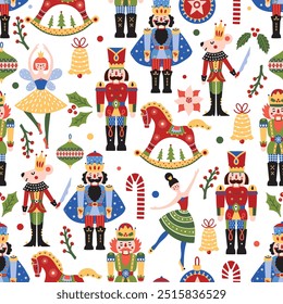 Cute Christmas vector seamless Nutcracker pattern. Can be used for wallpaper, pattern fills, web page background, surface textures.