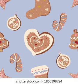 Cute Christmas vector seamless pattern with gingerbread cookies on pastel blue background. Winter holidays, sweet, for kids, festive, Christmas treats, cookies, new year, Christmas market