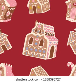 Cute Christmas vector seamless pattern with gingerbread houses on red background. Winter holidays, sweet, for kids, festive, Christmas treats, cookies, new year, Christmas market