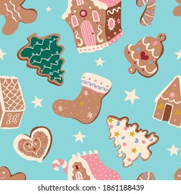 Cute Christmas vector seamless pattern with white stars and gingerbread houses and cookies on pastel blue background. Winter holidays, sweet, for kids, festive, treats, new year, Christmas market