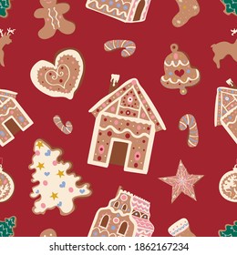 Cute Christmas vector seamless pattern with gingerbread houses and cookies on red background. Winter holidays, sweet, for kids, festive, Christmas treats, cookies, new year, Christmas market

