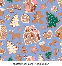 Cute Christmas vector seamless pattern with gingerbread houses and cookies on blue background. Winter holidays, sweet, for kids, festive, Christmas treats, cookies, new year, Christmas market
