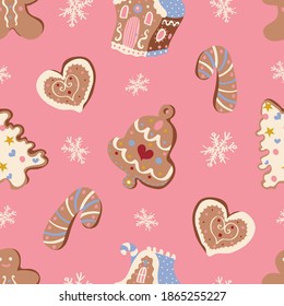 Cute Christmas vector seamless pattern with gingerbread houses, cookies and snowflakes on pastel pink background.Winter holidays, sweet, for kids, festive, treats, cookies, new year, Christmas market
