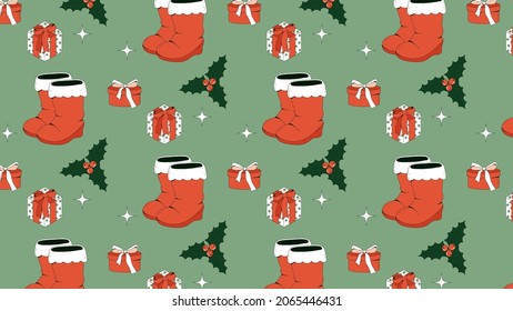 Cute Christmas vector seamless pattern on green background. Decorative presents, stars, Santa red boots, winter greenery. Festive winter background for print and web. Happy New Year 2022.