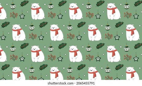 Cute Christmas vector seamless pattern on green background. Decorative glass baubles toys, stars, polar bear in scarf, mistletoe. Festive winter background for print and web. Happy New Year 2022.