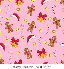 Cute Christmas vector seamless pattern pink background.