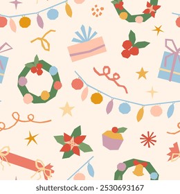 Cute Christmas vector seamless pattern. Modern festive xmas design with poinsettia, wreath, garland, gift box on pastel pink background. Happy New year geometric repeated design, pastel retro colors 