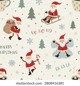Cute Christmas vector seamless pattern with Santa carrying gifts, riding sleigh, making snow angel, holding candy cane, cocoa mugs, trees, snowflakes, and festive lettering.