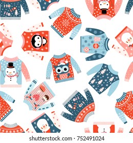 Cute Christmas vector seamless pattern with ugly cute sweaters in blue, red and pink colors with kawaii winter drawings