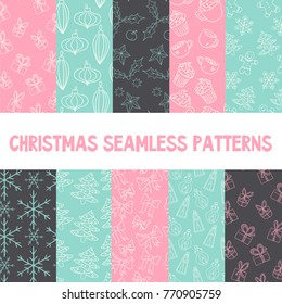 Cute Christmas vector seamless patterns. Endless texture for wallpaper, web page background, wrapping paper. Flat style.