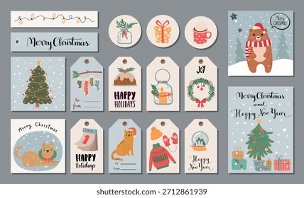 Conjunto de Vector de Navidades lindas con tarjetas, etiquetas, regalos, animales, árboles, coronas y Elementos de vacaciones. Perfecto para decoración de invierno, etiquetas, estampados y diseños festivos. Ilustración vectorial.