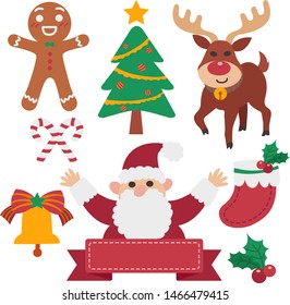 Cute Christmas vector set. Cartoon reindeer, Santa Claus, x'mas tree, gingerbread man, golden bell, mistletoe, sock, banner in flat style. Merry Christmas greeting card, graphics, clip art elements.