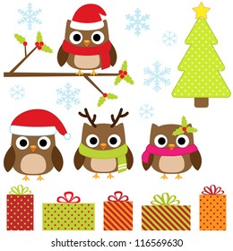 Cute Christmas vector set with funny owls