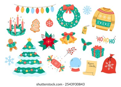 Cute Christmas vector set. Isolated festive ornaments, Christmas tree, wreath, gifts and Xmas holiday symbols for December seasonal designs and greeting cards. Flat and doodle elements, objects.