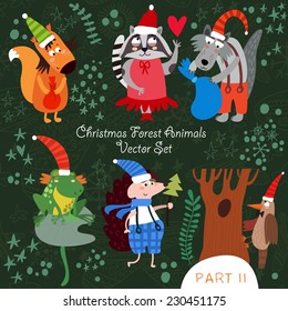 Cute Christmas vector set of  Woodland and Forest Animals.Squirrel, frog, woodpecker, hedgehog, wolf, raccoon.Part II (All objects are isolated groups so you can move and separate them)