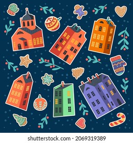 Cute Christmas vector set. Xmas symbols collection. Multicolor cartoon houses, holly twigs, candy cane, knitted mittens and tree toys. Square Xmas greeting card, social media post, banner