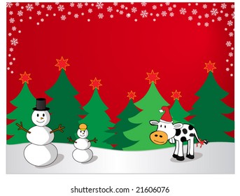 A cute christmas vector with snowmen and a cow