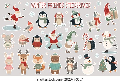 Cute Christmas vector sticker pack with Santa, penguin, owl, gnome, snowman, reindeer, fox, bear, raccoon and other characters.