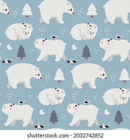 Cute Christmas vector winter seamless pattern with Polar Bear, Christmas trees, decorative elements, new year illustration
