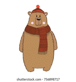 Cute Christmas vectorial brown bear. Suitable for holiday cards and other design.