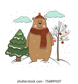 Cute Christmas vectorial brown bear. Suitable for holiday cards and other design.