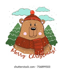 Cute Christmas vectorial brown bear. Suitable for holiday cards and other design.