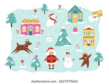 Cute Christmas Village Vector Illustration with Santa Characters, Winter Animals, Festive Trees and Holiday Elements.

