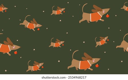 Cute Christmas Wallpaper with Dachshund Dog Running with Red Bauble. Funny Dog in Santa Costume Isolated on a Dark Green Background. Winter Holidays Print. Christmas  Seamless Vector Pattern. RGB.