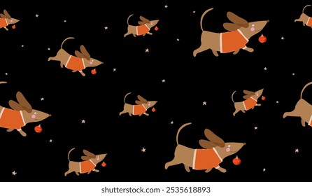 Cute Christmas Wallpaper with Dachshund Dog Running with Red Bauble. Funny Dog in Santa Costume Isolated on a Black Background. Winter Holidays Print. Christmas  Seamless Vector Pattern. RGB.