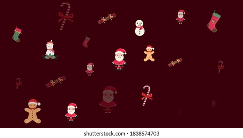 Cute Christmas Wallpaper Vector. Festive Icons of santa, snowman, candy cane, gingerbread man, christmas crackers, various ornaments. 