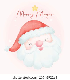 Cute Christmas watercolor with adorable smiling Santa Claus face cartoon character, Perfect for Christmas greeting cards and festive decorations.