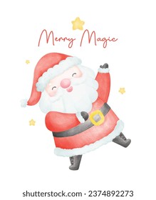 Cute Christmas watercolor with adorable smiling Santa Claus cartoon character, Perfect for Christmas greeting cards and festive decorations.