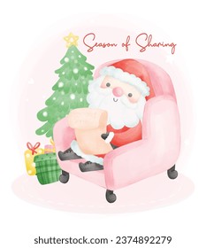 Cute Christmas watercolor with adorable smiling Santa Claus in cozy sofa with gifts and pine tree cartoon character, Perfect for Christmas greeting cards and festive decorations.