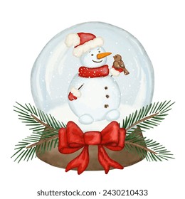 Cute Christmas watercolor glass ball with snowman, snow globe vector