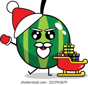 cute christmas watermelon fruit mascot vector with saint clouse gift train