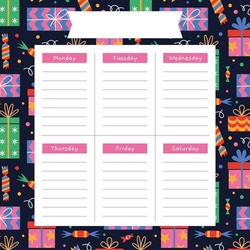 Cute Christmas Weekly Planner Template With Various Gift Boxes, Cartoon Style. Trendy Modern Vector Illustration, Hand Drawn, Flat 
