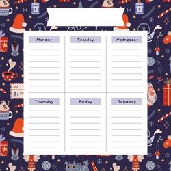 Cute Christmas Weekly Planner Template With Winter Cozy Elements, Cartoon Style. Trendy Modern Vector Illustration, Hand Drawn, Flat 