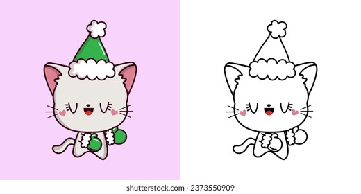 Cute Christmas White Cat Clipart Illustration and Black and White. Funny Clip Art Christmas Kitty. Cute Vector Illustration of a Kawaii Animal for Christmas Stickers. 